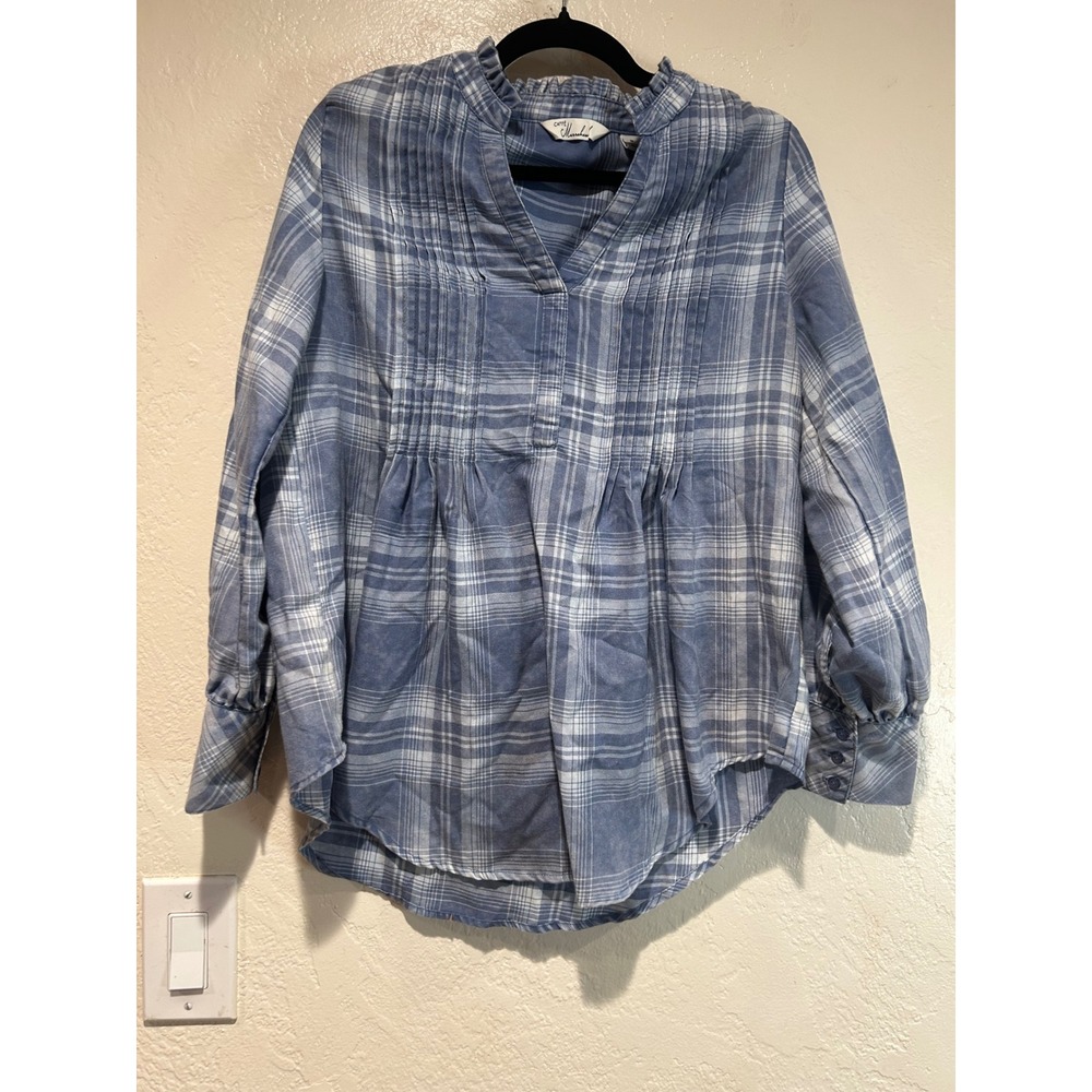 Caffe Marrakesh Blue White Plaid Ruffle Neck‎ Pintuck Blouse Medium